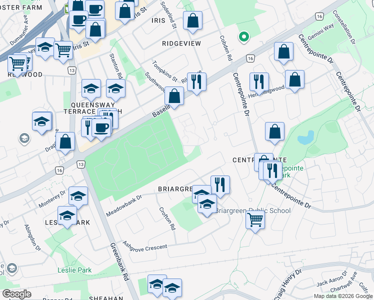 map of restaurants, bars, coffee shops, grocery stores, and more near 26 Rockway Crescent in Ottawa