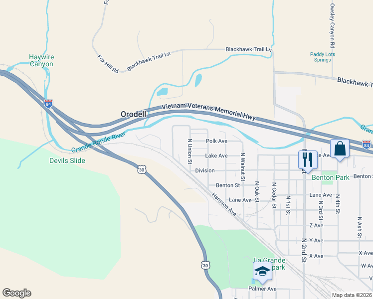map of restaurants, bars, coffee shops, grocery stores, and more near 3208 North Union Street in La Grande