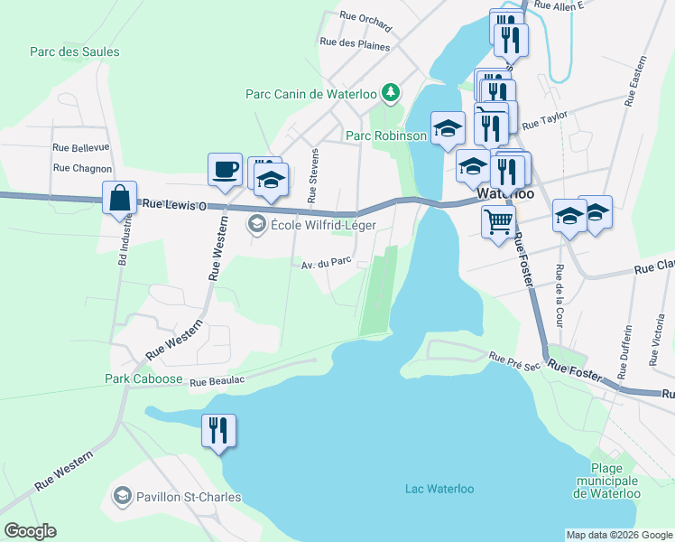 map of restaurants, bars, coffee shops, grocery stores, and more near 250 Avenue du Parc in Waterloo