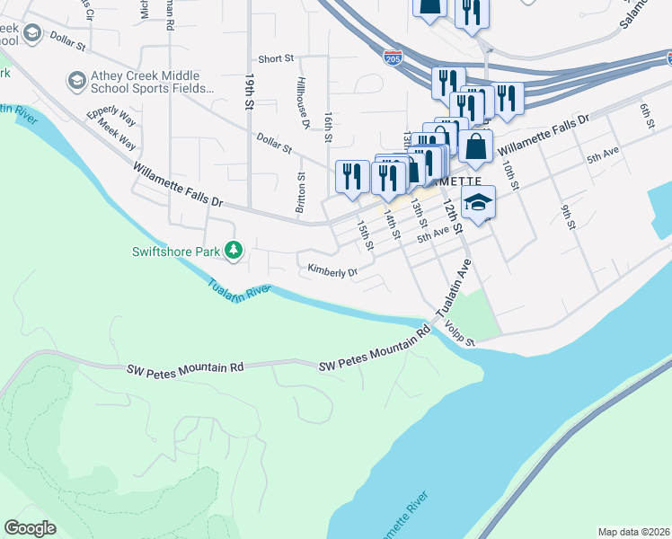 map of restaurants, bars, coffee shops, grocery stores, and more near 25700 Kimberly Drive in West Linn