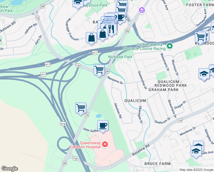 map of restaurants, bars, coffee shops, grocery stores, and more near 3212 Richmond Road in Ottawa