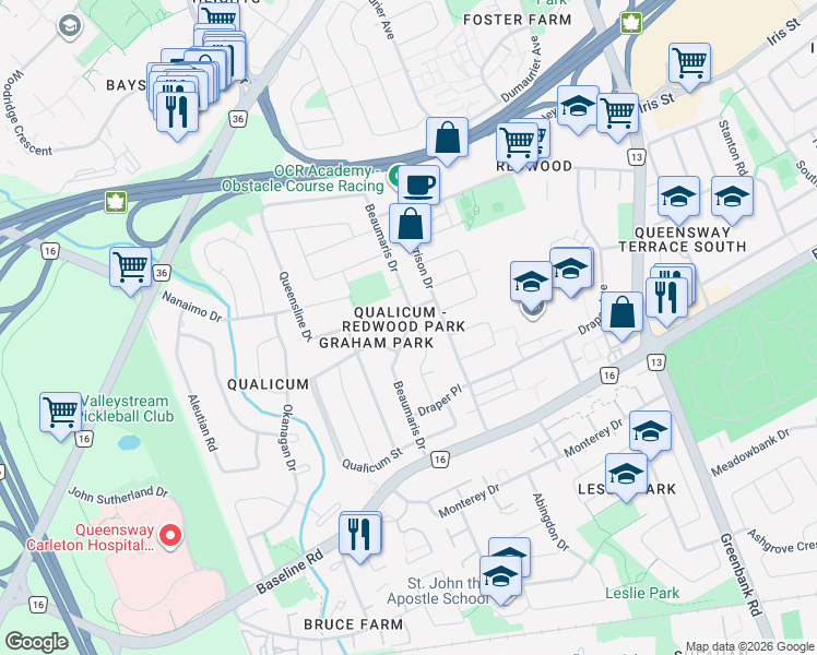 map of restaurants, bars, coffee shops, grocery stores, and more near Beaumaris Drive in Ottawa