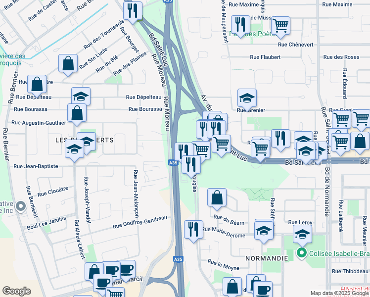 map of restaurants, bars, coffee shops, grocery stores, and more near 1303 Rue Douglas in Saint-Jean-sur-Richelieu