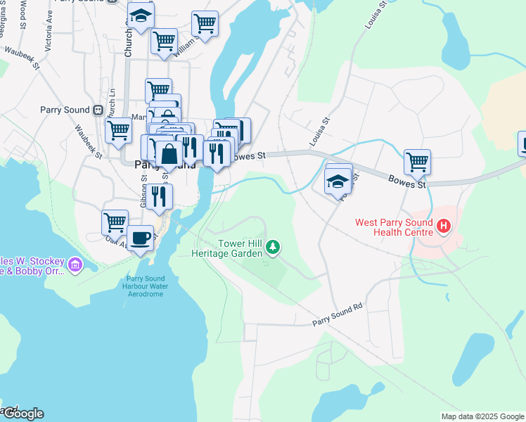 map of restaurants, bars, coffee shops, grocery stores, and more near 18 George Street in Parry Sound