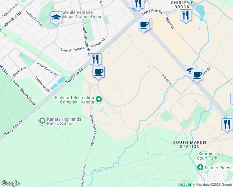 map of restaurants, bars, coffee shops, grocery stores, and more near 3000 Innovation Drive in Ottawa