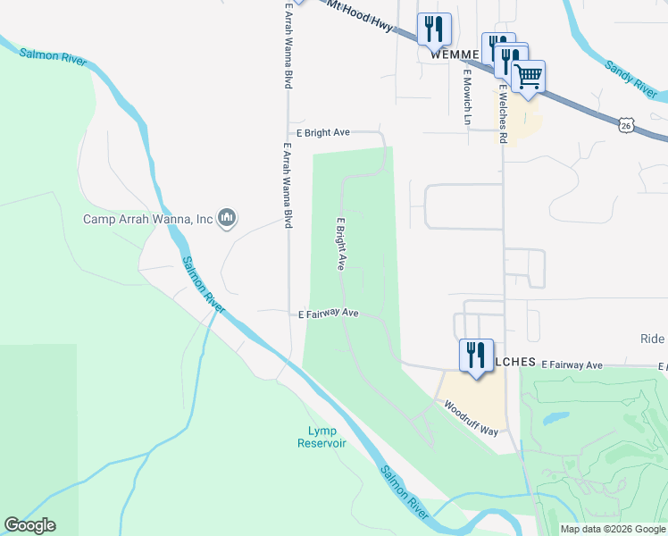map of restaurants, bars, coffee shops, grocery stores, and more near 67401 East Jennie Welch Court in Mount Hood Village