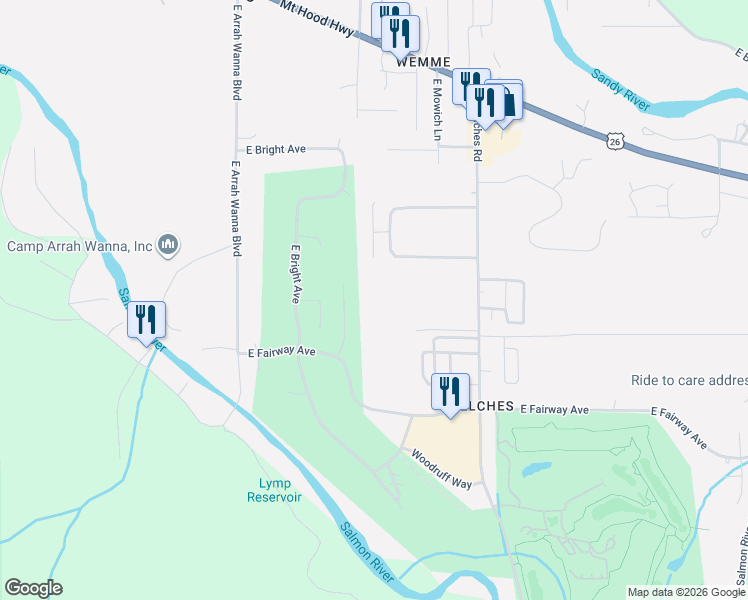 map of restaurants, bars, coffee shops, grocery stores, and more near 25325 East Welches Road in Mount Hood Village