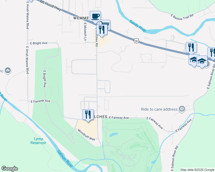 map of restaurants, bars, coffee shops, grocery stores, and more near 25222 East Welches Road in Mount Hood Village