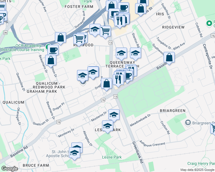 map of restaurants, bars, coffee shops, grocery stores, and more near 2610 Draper Avenue in Ottawa