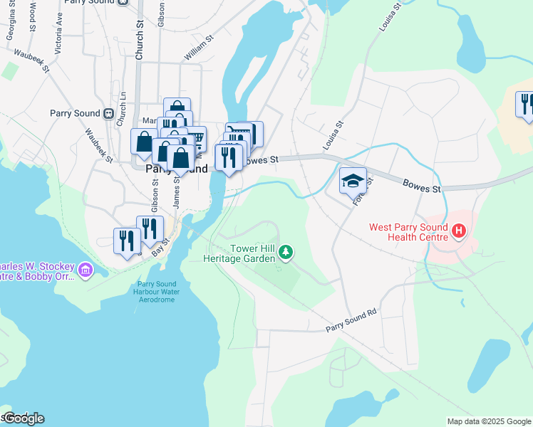map of restaurants, bars, coffee shops, grocery stores, and more near 18 George Street in Parry Sound