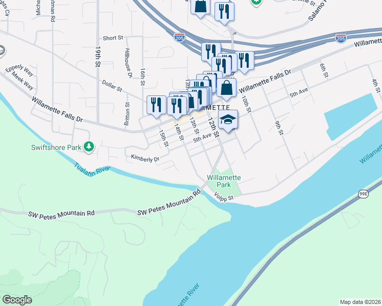 map of restaurants, bars, coffee shops, grocery stores, and more near 1716 4th Avenue in West Linn