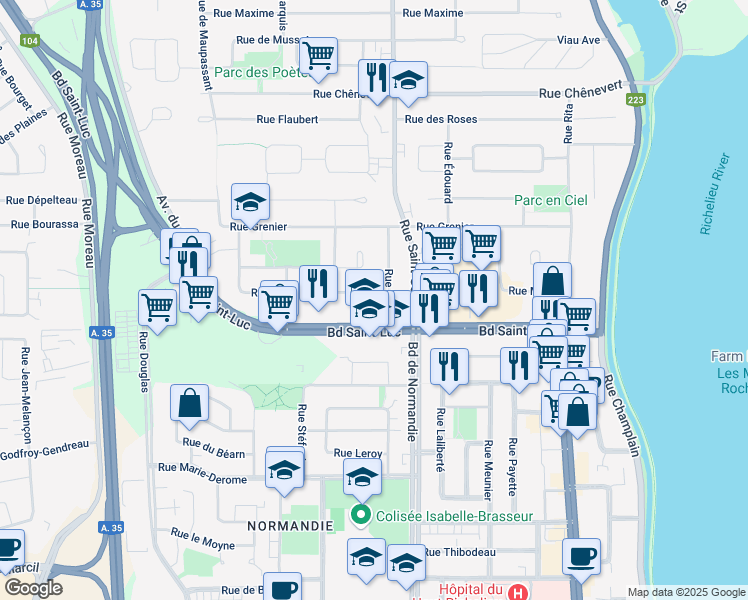 map of restaurants, bars, coffee shops, grocery stores, and more near in Saint-Jean-sur-Richelieu