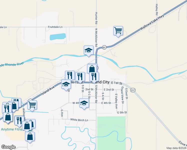 map of restaurants, bars, coffee shops, grocery stores, and more near 10102 North McAlister Road in La Grande