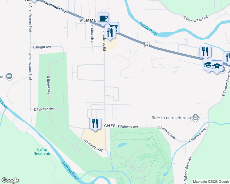 map of restaurants, bars, coffee shops, grocery stores, and more near 25222 East Welches Road in Mount Hood Village
