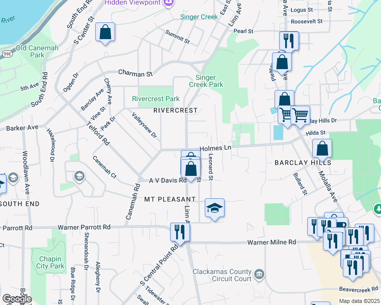 map of restaurants, bars, coffee shops, grocery stores, and more near 415 Holmes Lane in Oregon City