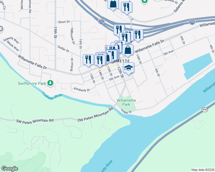 map of restaurants, bars, coffee shops, grocery stores, and more near 1744 4th Avenue in West Linn