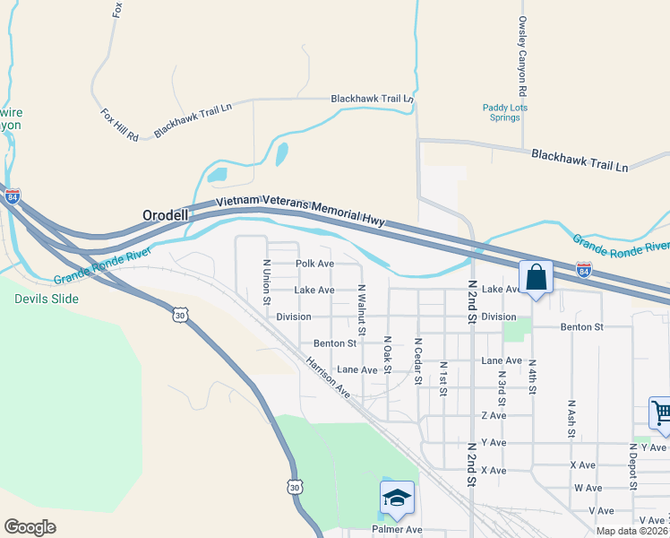 map of restaurants, bars, coffee shops, grocery stores, and more near 807 Polk Avenue in La Grande