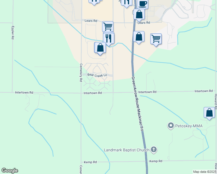 map of restaurants, bars, coffee shops, grocery stores, and more near 1545 Bear Creek Lane in Petoskey