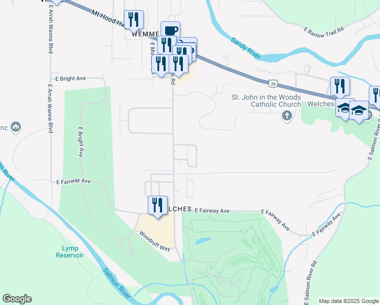 map of restaurants, bars, coffee shops, grocery stores, and more near 25222 East Welches Road in Mount Hood Village