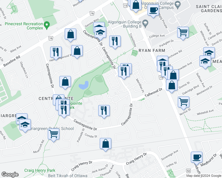 map of restaurants, bars, coffee shops, grocery stores, and more near 203 Paseo Private in Ottawa