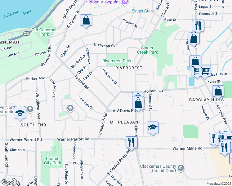 map of restaurants, bars, coffee shops, grocery stores, and more near 180 McCarver Avenue in Oregon City