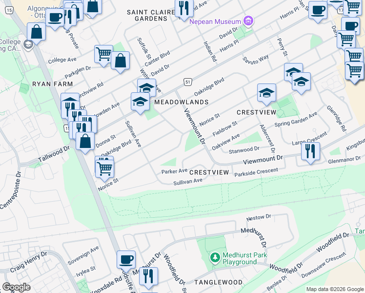 map of restaurants, bars, coffee shops, grocery stores, and more near 126 Norice Street in Ottawa