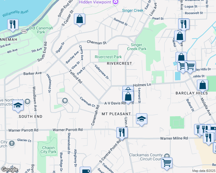map of restaurants, bars, coffee shops, grocery stores, and more near 180 McCarver Avenue in Oregon City
