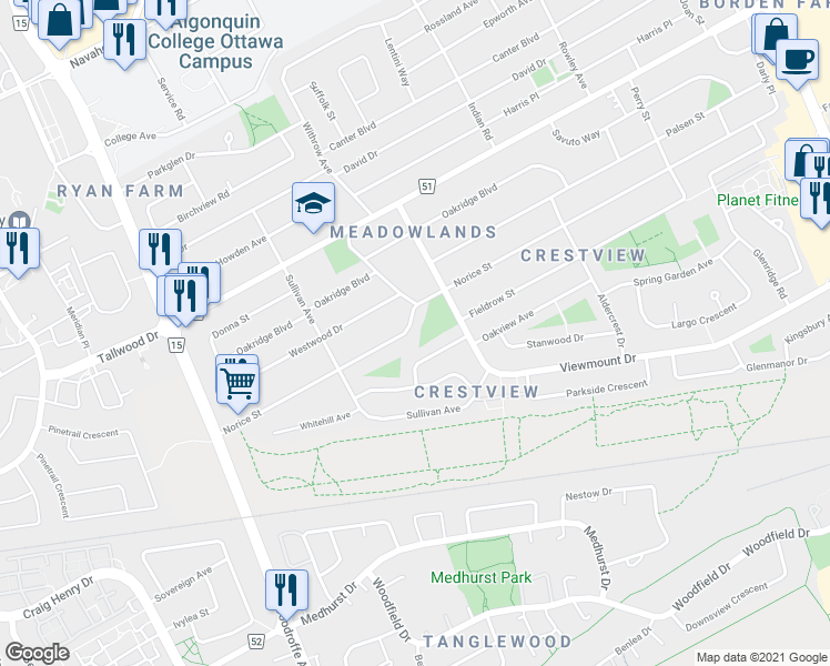 map of restaurants, bars, coffee shops, grocery stores, and more near in Ottawa