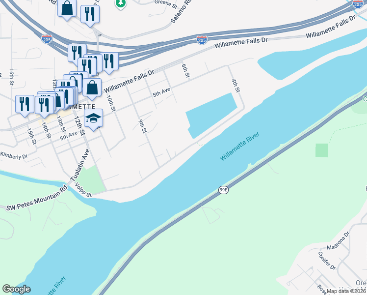 map of restaurants, bars, coffee shops, grocery stores, and more near 2338 Volpp Street in West Linn