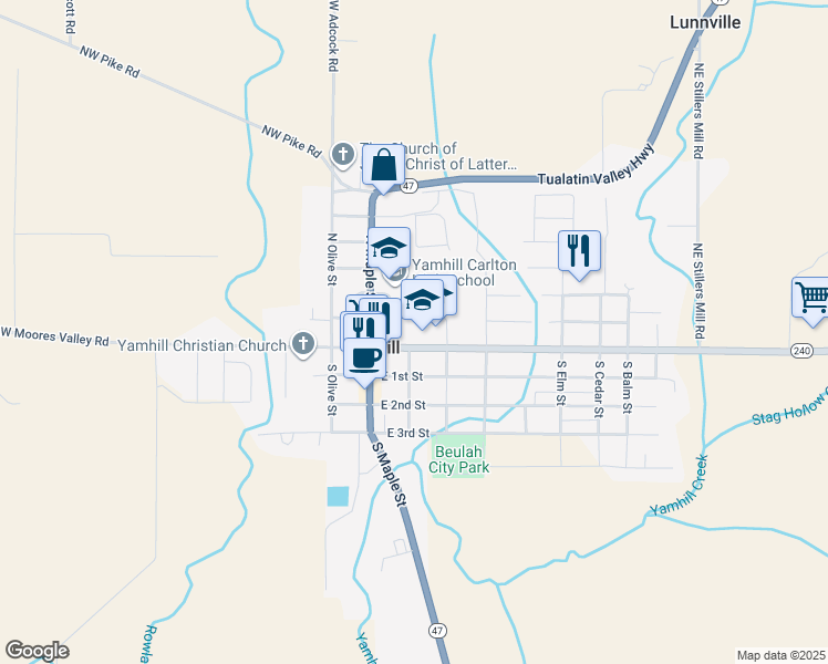 map of restaurants, bars, coffee shops, grocery stores, and more near 310 East Main Street in Yamhill