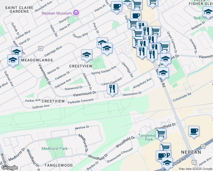 map of restaurants, bars, coffee shops, grocery stores, and more near 36 Largo Crescent in Ottawa
