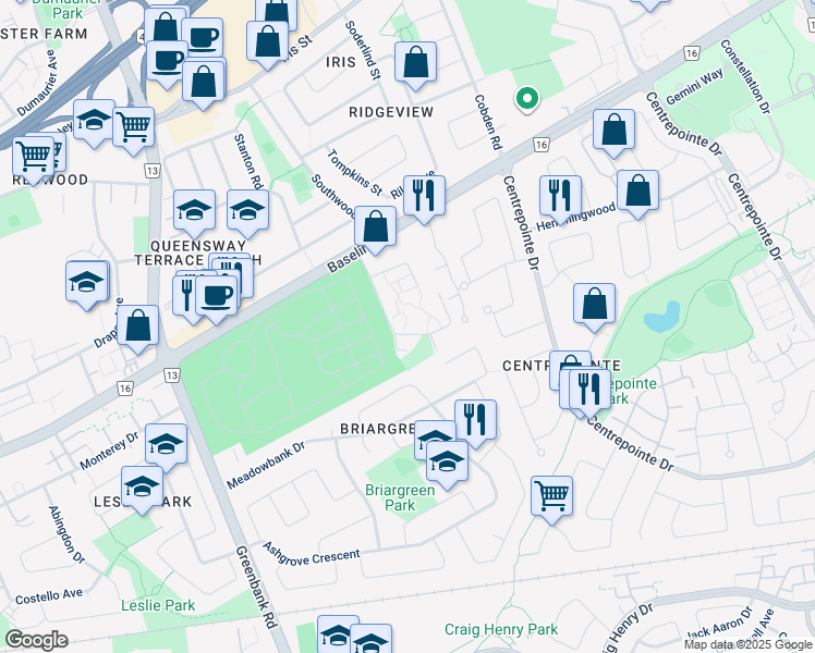 map of restaurants, bars, coffee shops, grocery stores, and more near 25 Rockway Crescent in Ottawa