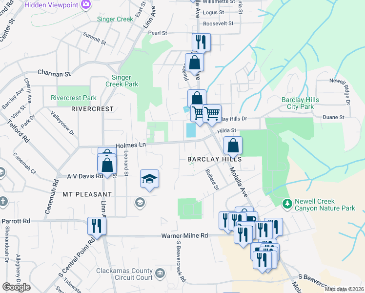 map of restaurants, bars, coffee shops, grocery stores, and more near 590 Holmes Lane in Oregon City