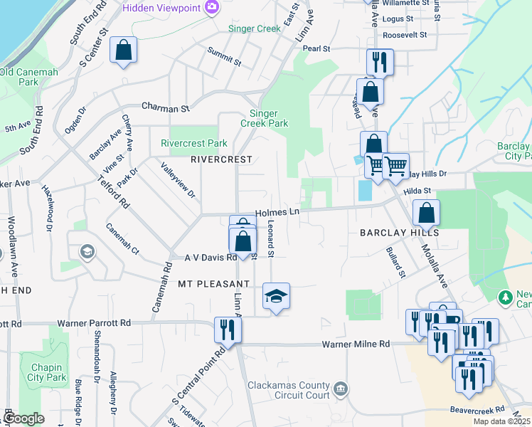 map of restaurants, bars, coffee shops, grocery stores, and more near 415 Holmes Lane in Oregon City
