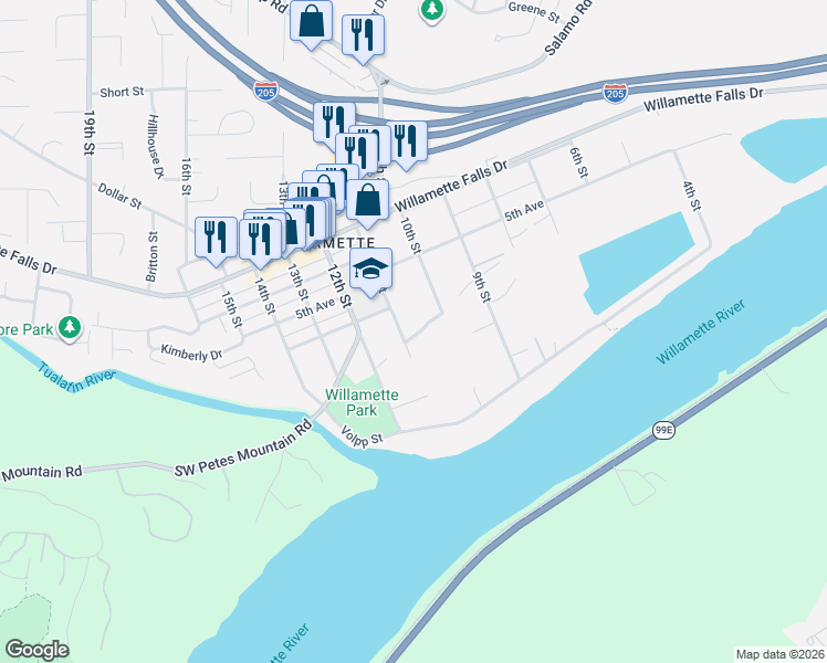 map of restaurants, bars, coffee shops, grocery stores, and more near 2035 Leslies Way in West Linn