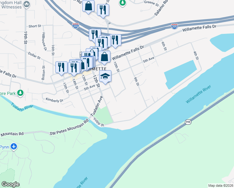 map of restaurants, bars, coffee shops, grocery stores, and more near 2035 Leslies Way in West Linn