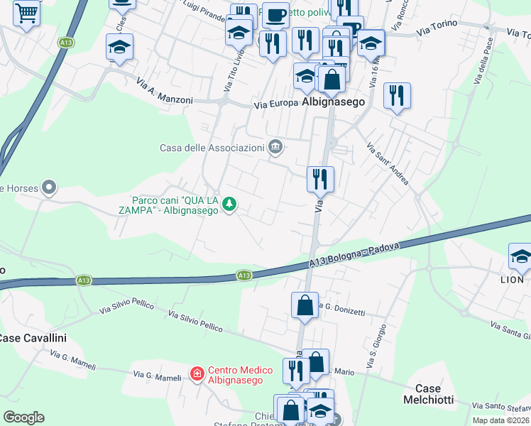 map of restaurants, bars, coffee shops, grocery stores, and more near 44 Via Fabio Filzi in Provincia di Padova