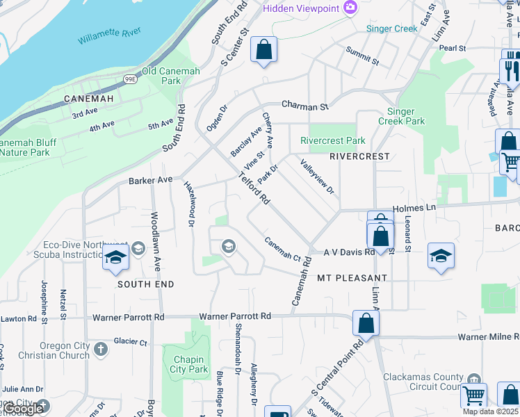 map of restaurants, bars, coffee shops, grocery stores, and more near 191 Canemah Court in Oregon City