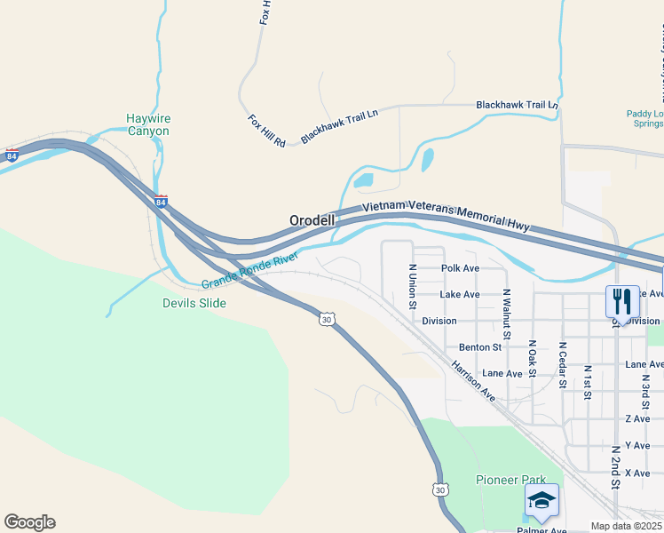 map of restaurants, bars, coffee shops, grocery stores, and more near 81 Rapid Run Loop in La Grande