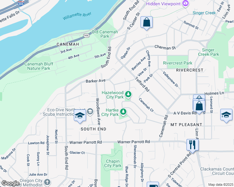 map of restaurants, bars, coffee shops, grocery stores, and more near 915 Hazelwood Drive in Oregon City