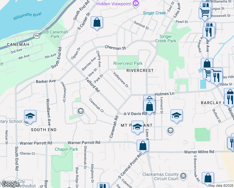 map of restaurants, bars, coffee shops, grocery stores, and more near 131 Cherry Avenue in Oregon City