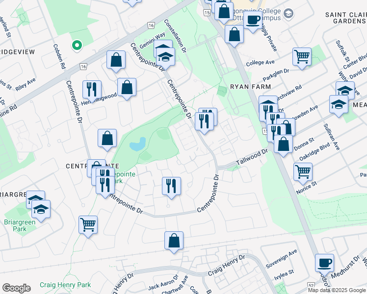 map of restaurants, bars, coffee shops, grocery stores, and more near 162 Paseo Private in Ottawa