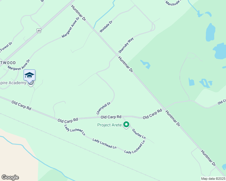 map of restaurants, bars, coffee shops, grocery stores, and more near 123 Cherryhill Drive in Ottawa