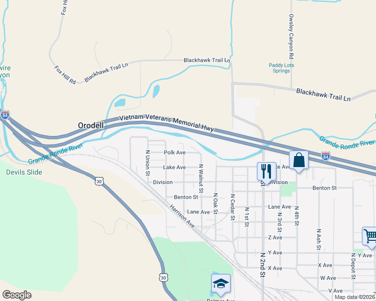 map of restaurants, bars, coffee shops, grocery stores, and more near 807 Polk Avenue in La Grande
