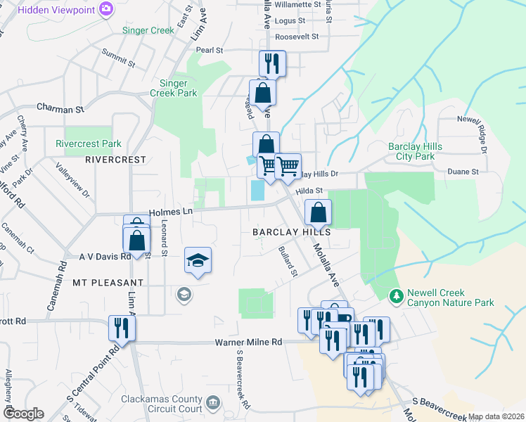 map of restaurants, bars, coffee shops, grocery stores, and more near 620 Holmes Lane in Oregon City