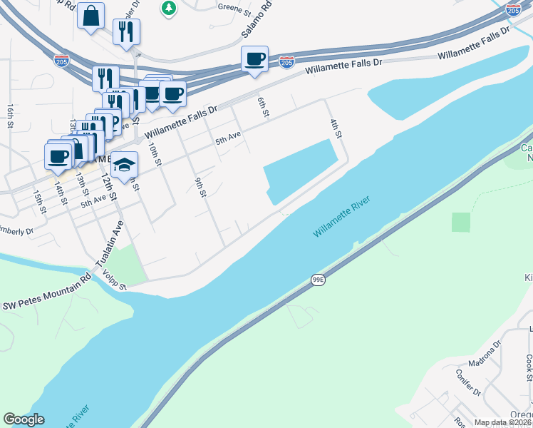 map of restaurants, bars, coffee shops, grocery stores, and more near 2338 Volpp Street in West Linn