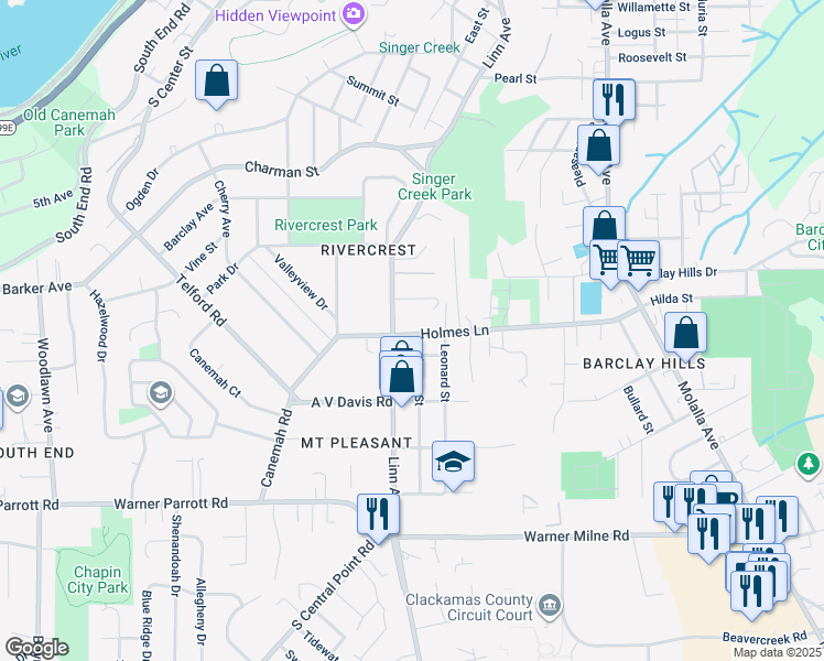 map of restaurants, bars, coffee shops, grocery stores, and more near 415 Holmes Lane in Oregon City
