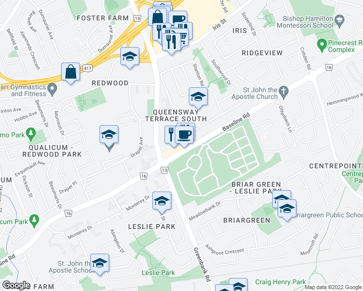 map of restaurants, bars, coffee shops, grocery stores, and more near 2545 Baseline Road in Ottawa