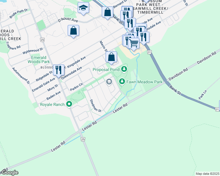 map of restaurants, bars, coffee shops, grocery stores, and more near 227 Hidden Meadow Avenue in Ottawa