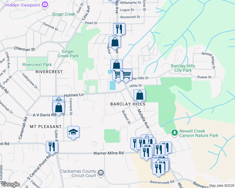 map of restaurants, bars, coffee shops, grocery stores, and more near 620 Holmes Lane in Oregon City